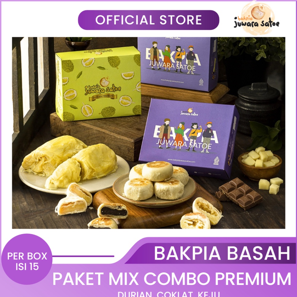 

Promo Keren BAKPIA JUWARA SATOE 3 Box Paket Mix Combo Bakpia Basah Durian Coklat Keju Oleh Oleh Khas Jogja