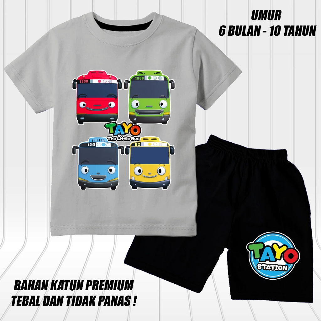 setelan lengan pendek anak laki laki perempuan set baju kaos anak cowok motif tayo 4 bus DTF htm