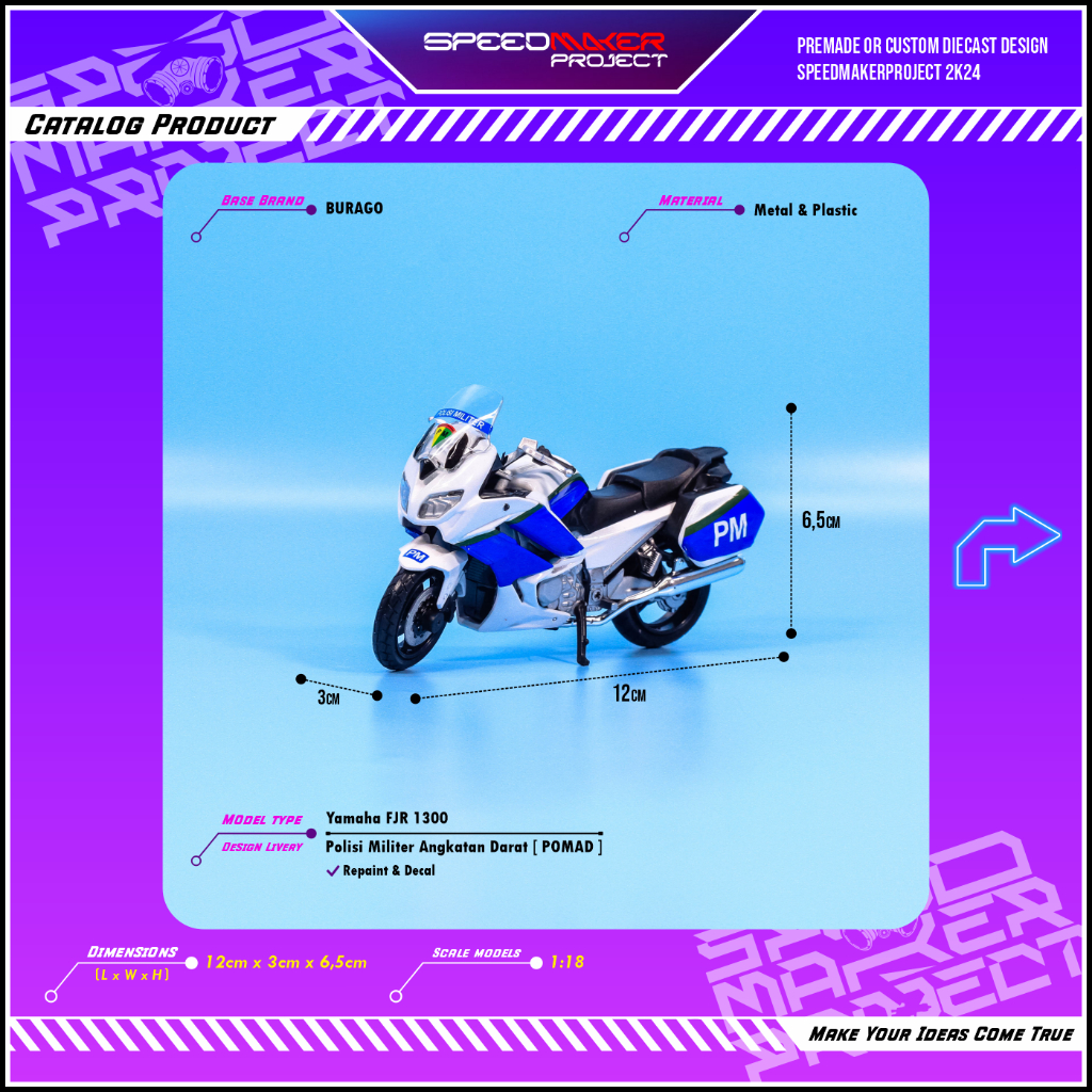Burago Custom Yamaha FJR1300 Polisi Militer Angkatan Darat [ POMAD ] TNI-AD Diecast Miniatur Replika