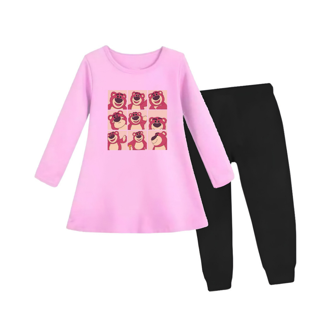 Setelan Anak Tunik Lengan Panjang Motif Lotso Bear Umur 3-11 Tahun