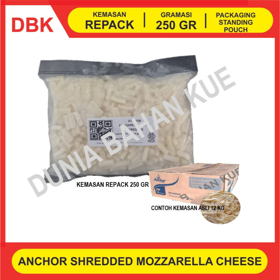 

ANCHOR SHREDDED MOZZARELLA CHEESE REPACK 250 GR / KEJU MOZARELLA PARUT