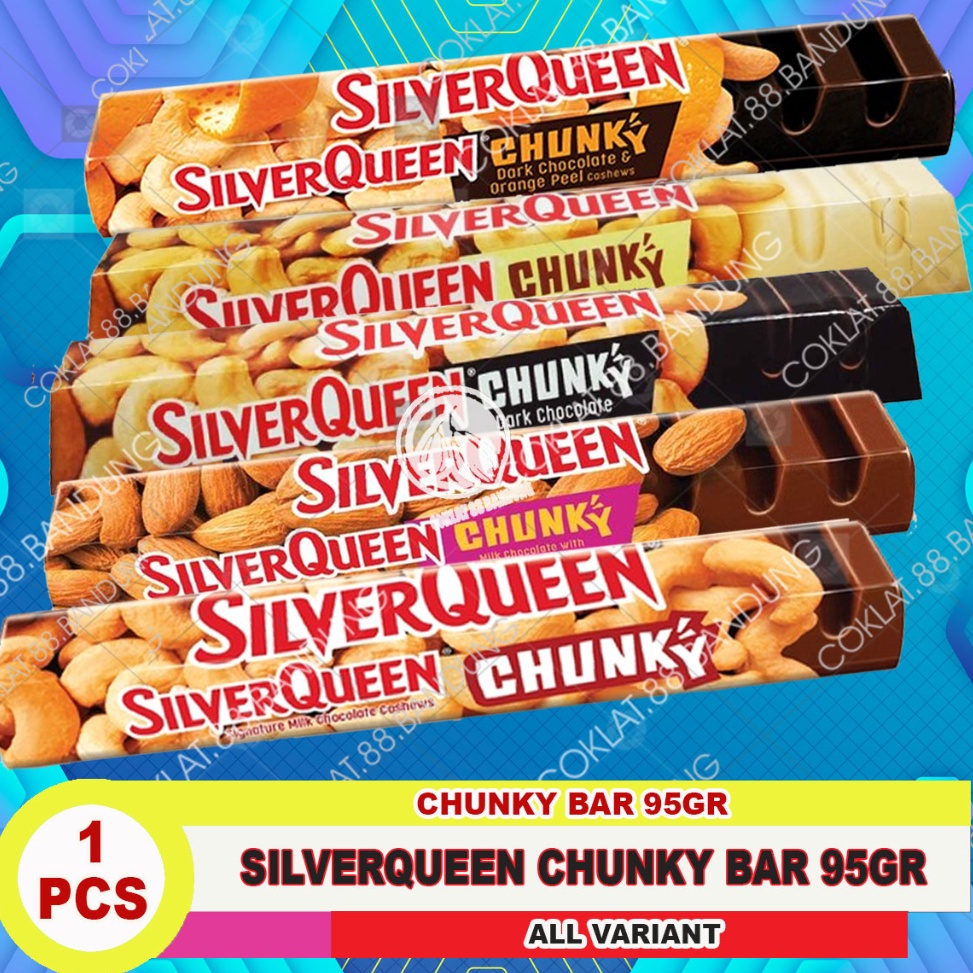 

SILVER QUEEN CHUNKY BAR 95GR SILVERQUEEN CHUNKYBAR 95 GRAM ALMOND MEDE WHITE DARK ORANGE CHUNGKY