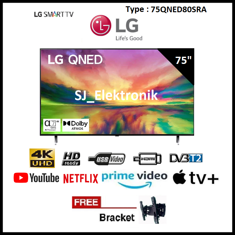 (KHUSUS LUAR KOTA) Braket + LG QNED 75 Inch 75QNED80SRA - 75QNED80 UHD 4K Smart TV QNED80