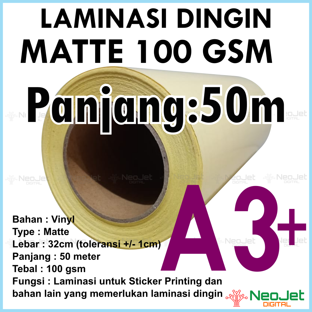 

Laminasi Dingin 100 gsm Matte Doff Mate Buram Ukuran A3+ Roll lebar 32 cm panjang 50 meter Murah Mate Mat Doft