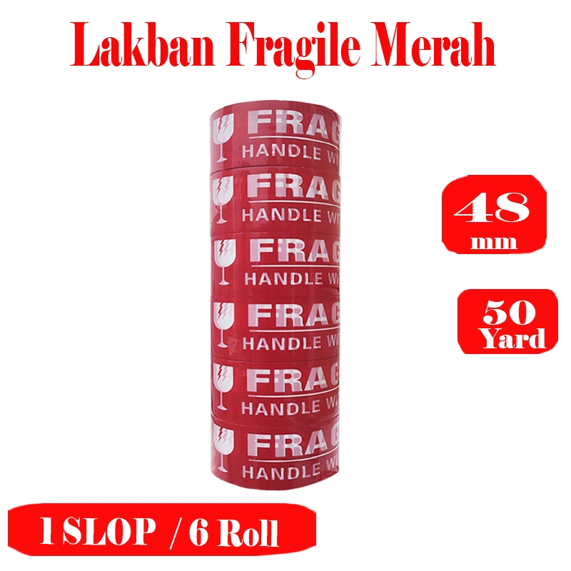 

6 ROLL Lakban Fragile Merah Uk 48 mm x 72 Yard Handle With Care Jangan Di Banting - Master Pack Indoensia Bogor