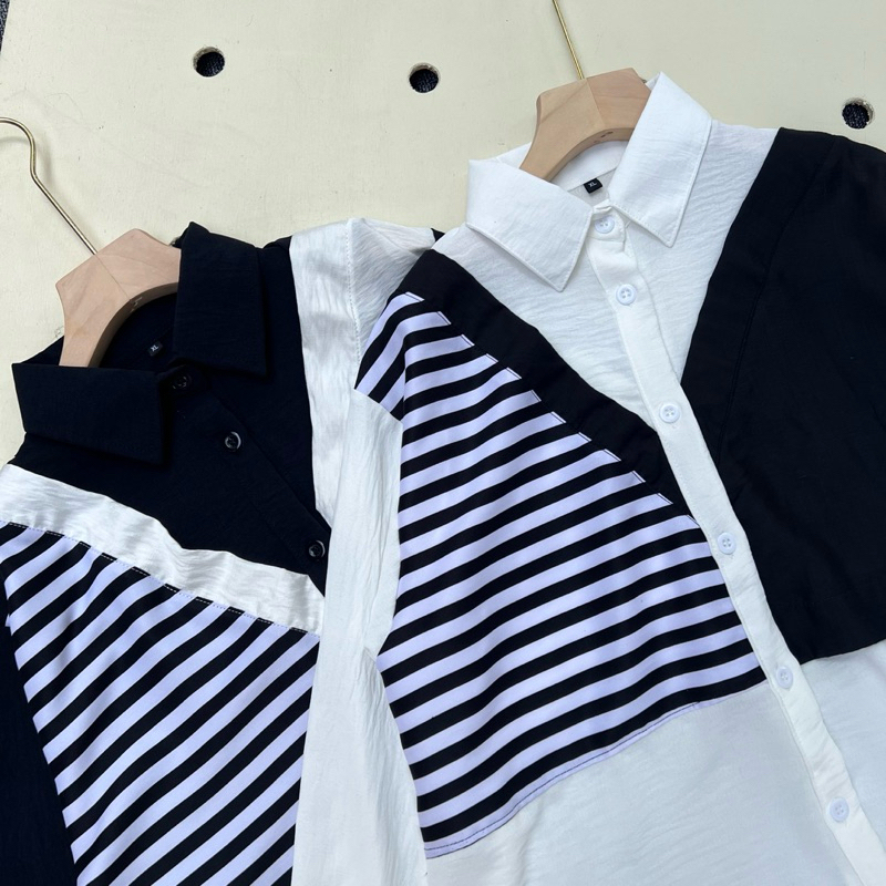 Baju Atasan Lengan Panjang Kombinasi Salur Blouse Jumbo Miranda Wanita