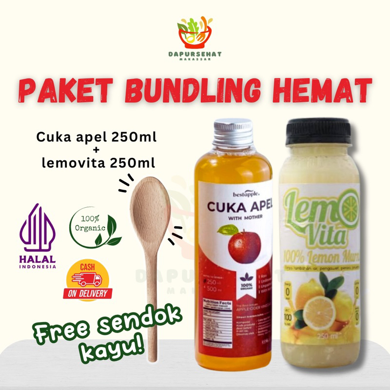 

Paket bundling 250 ml cuka apel best apple +sari lemon murni lemovita kemasan 250 ml free sendok kayu