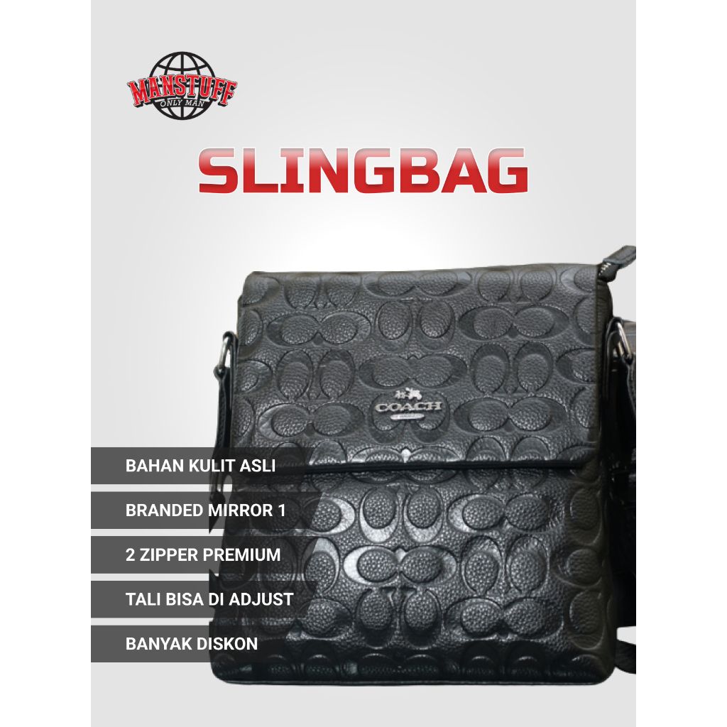 Tas Samping Cowok Kulit Slingbag Coach Branded Hitam Polos