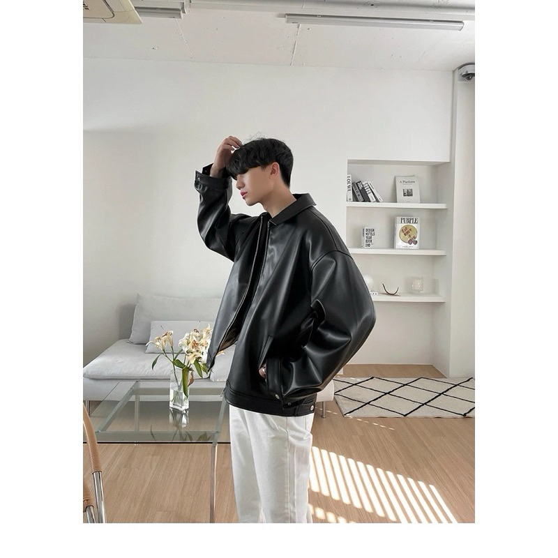 Jaket Kulit Pria Oversize Casual Resleting