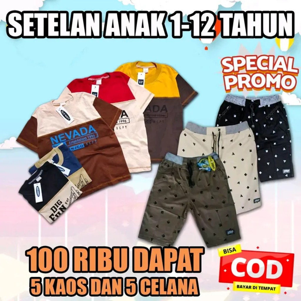 Paket 100 Ribu Dapat 5 Setelan Anak 5 Baju+5 Celana Chinos Motif Anak / Bahan Nyaman Dan Adem