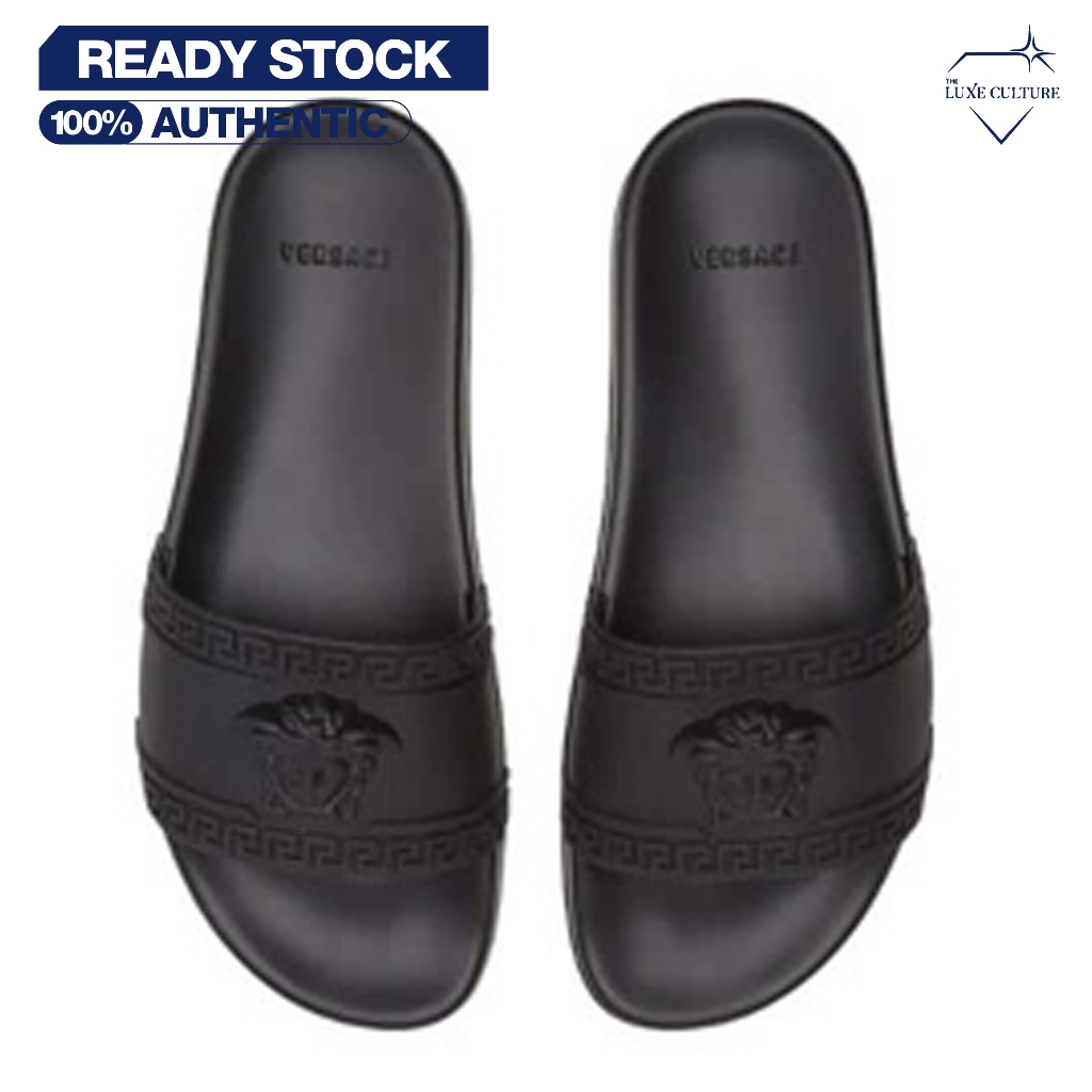 Versace Medusa Black Leather Slides / Sandal Pria Branded Original
