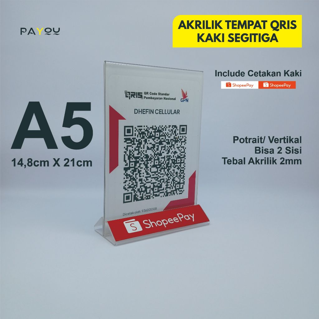 

Akrilik Tempat QRIS/ Barcode A5 2mm Kaki Segitiga Logo ShopeePay