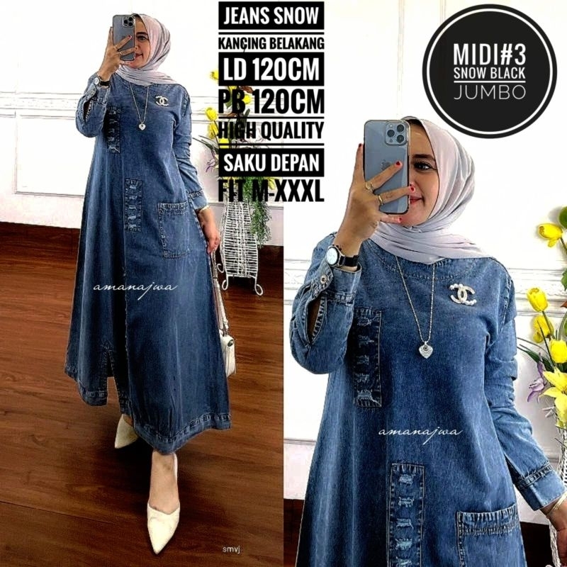 --kyi.fashion-- Midi#3 Dress Wanita motif polos bahan jeans Ld 120 Premium