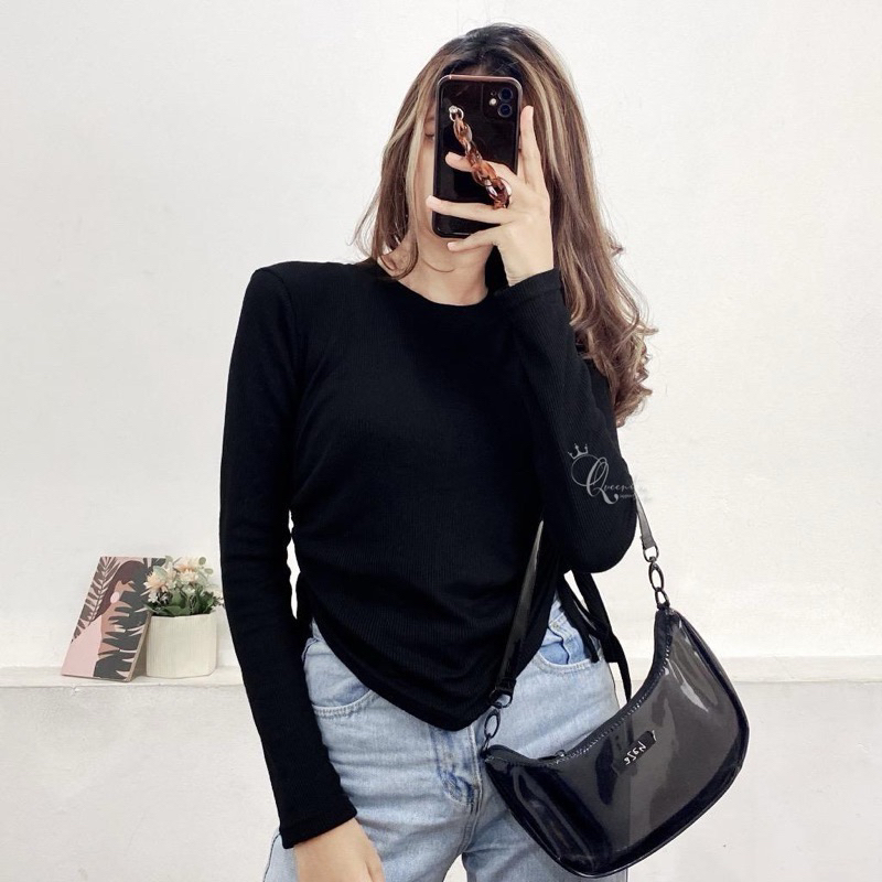 Atasan Baju Wanita kekinian rajut blouse top knit rib wrap top long sleeve crop Zara by queenita