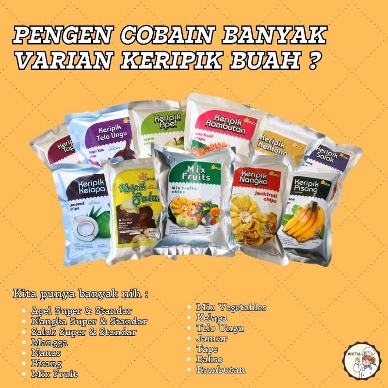 

KERIPIK BUAH DAN SAYUR NANGKA APEL SALAK RAMBUTAN PISANG JAMUR KENTANG KELAPA TAPE TELO UNGU NANAS BAKSO MIX FRUITS VEGETABLE CHIPS 100 GRAM ENAK MURAH RENYAH