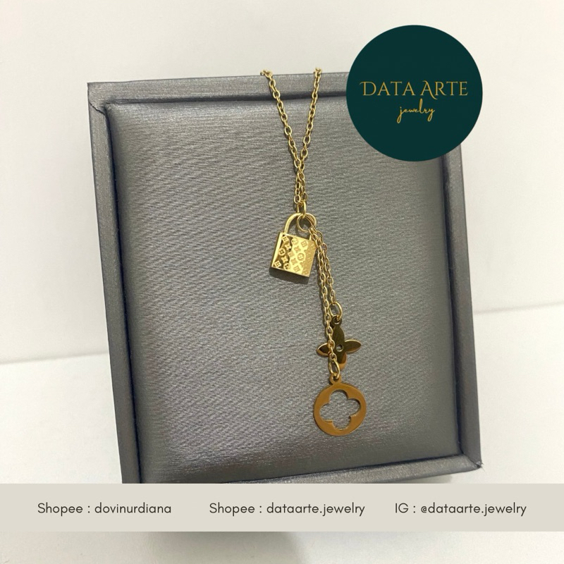 kalung titanium lv gembok gold - stainless steel lapis emas anti karat