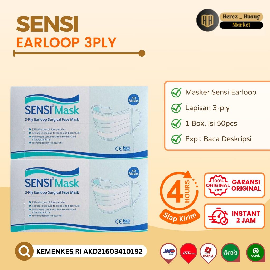 SENSI EARLOOP SURGICAL FACE MASK 3PLY, Masker Sensi Earloop 3ply, Masker Medis, 1 Box Isi 50pcs