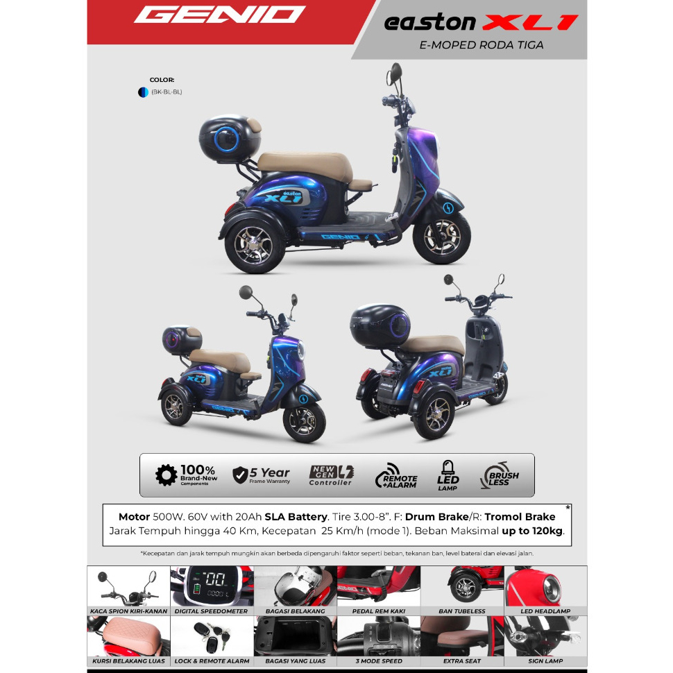 Sepeda Listrik Roda Tiga GENIO EASTON XL1 BY UNITED 500 Watt Bisa Bonceng Tiga