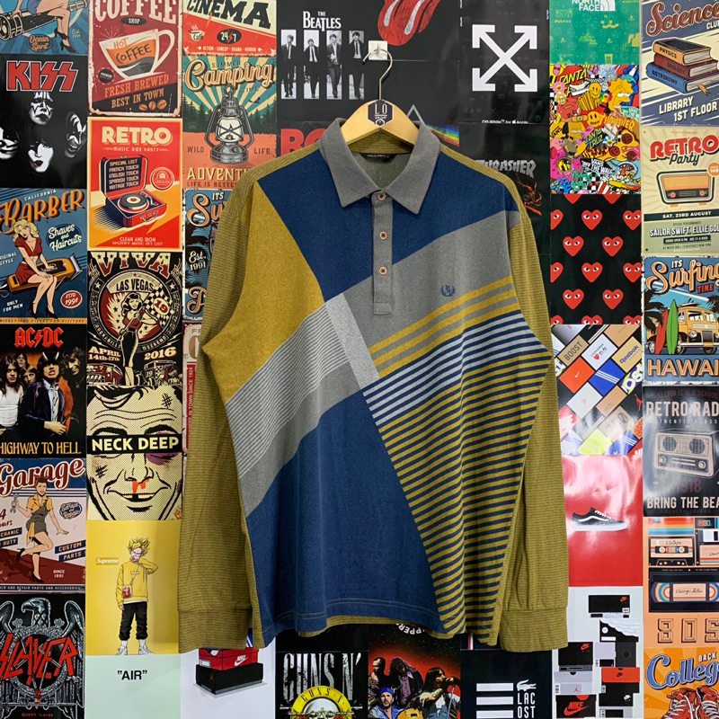 Kaos Polo Shirt Lengan Panjang Pria / Wanita Paulbey Colorblock Kuning Biru Abu - Abu