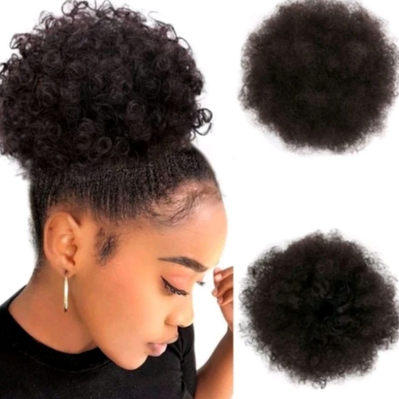 Sanggul Kribo Cepol Kribo Afrika Hair Wanita Rambut Puff Afro Sanggul Sintetis Pendek Kriting