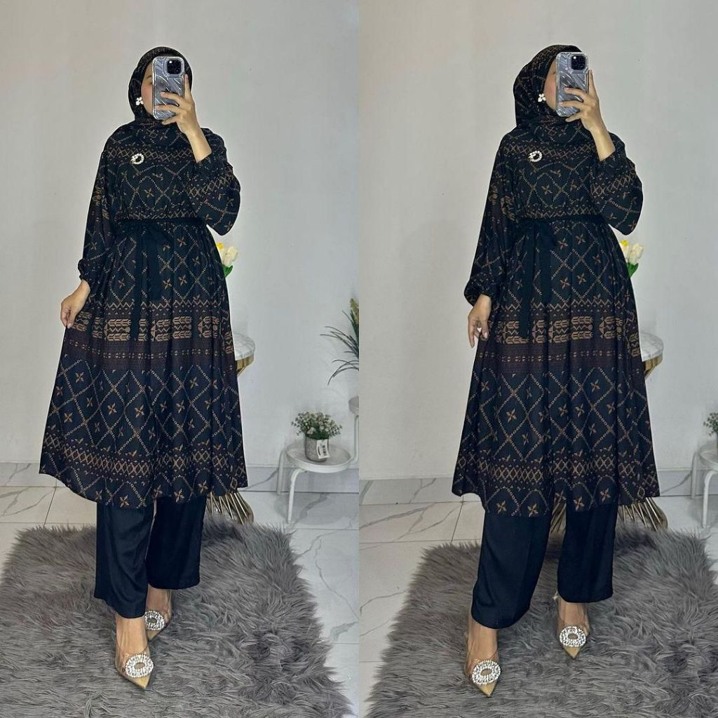 Oneset Tunik Rayon motif Bunga mix Crinkle airflow // setelan baju wanita kekinian terbaru