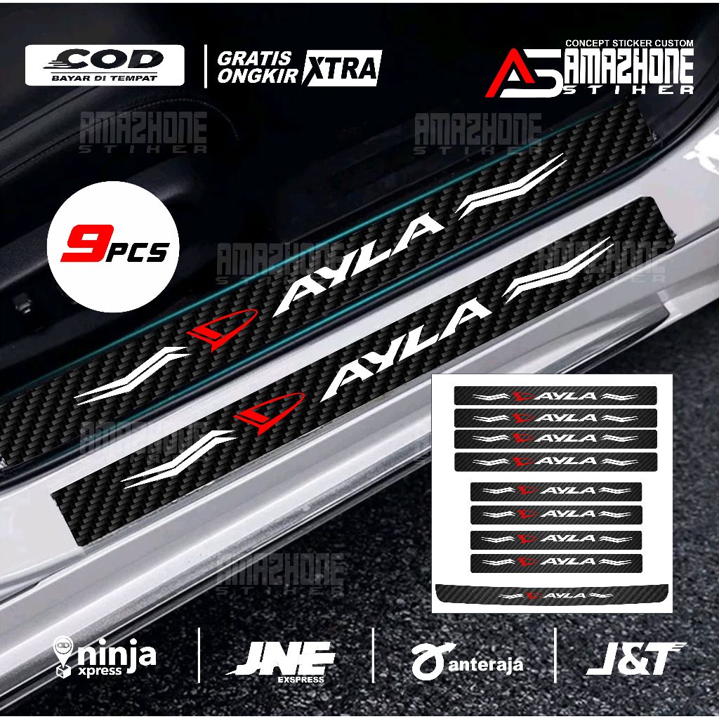 9pcs stiker carbon mobil daihatsu ayla stiker cutting pelindung bawah pintu dan bagasi mobil ayla