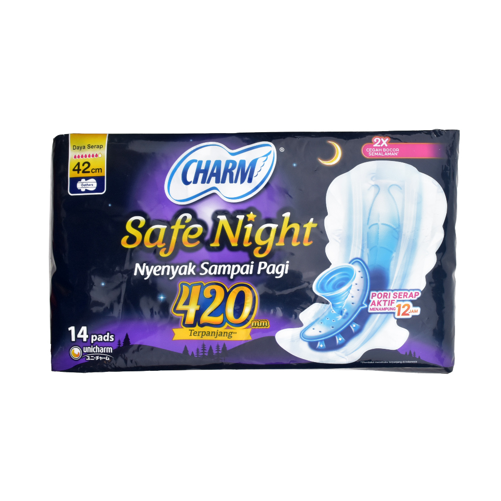 Pembalut Malam CHARM SAFE NIGHT GATHERS Wing 42 cm Panjang isi 14 Pads