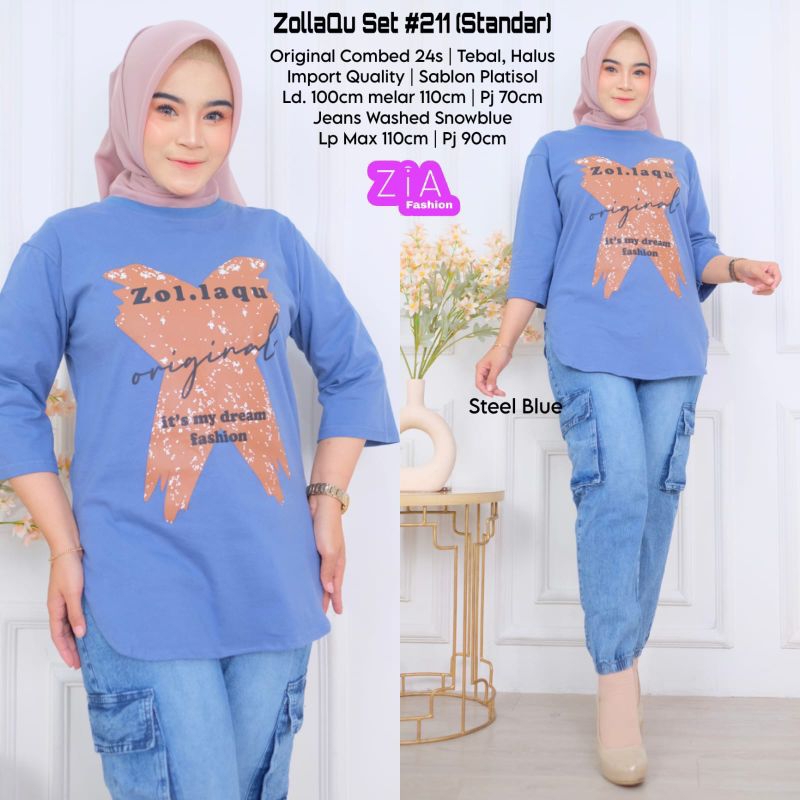 ZIA SET ZOLLAQU 211/SETELAN WANITA ATASAN COMBAD MIX CELANA JEANS