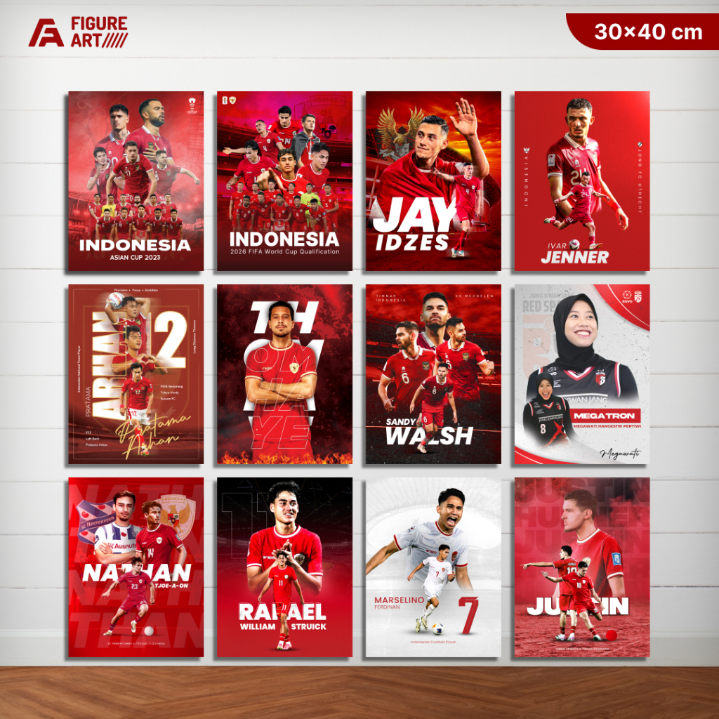 Poster Kayu Olahraga Indonesia Timnas Sepakbola Indonesia, Arhan, Megawati Red Sparks Ukuran 30x40cm