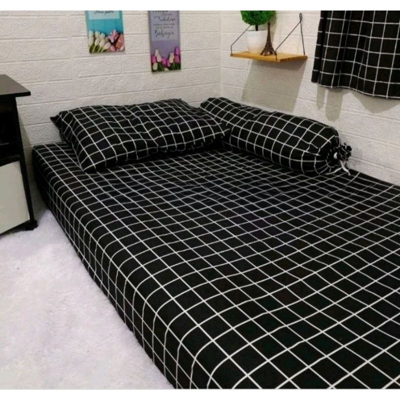 sprei aesthetic/sprei kotak kotak/sprei single/sprei 160x200/sprei no 2/sprei kotak hitam/sprei kota