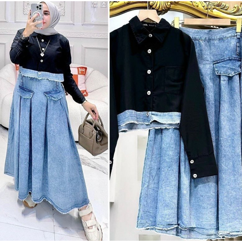 hanell set - Bahan : Jeans mix toyobo Setelan Wanita Terbaru 2024 Yng Viral Setelan Viral Tiktok Ata