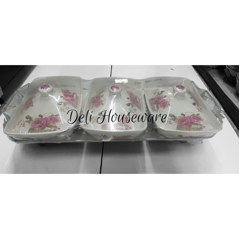 Wadah Saji Sayur Prasmanan Bertutup/ Basi Tutup Keramik Segi Set 3