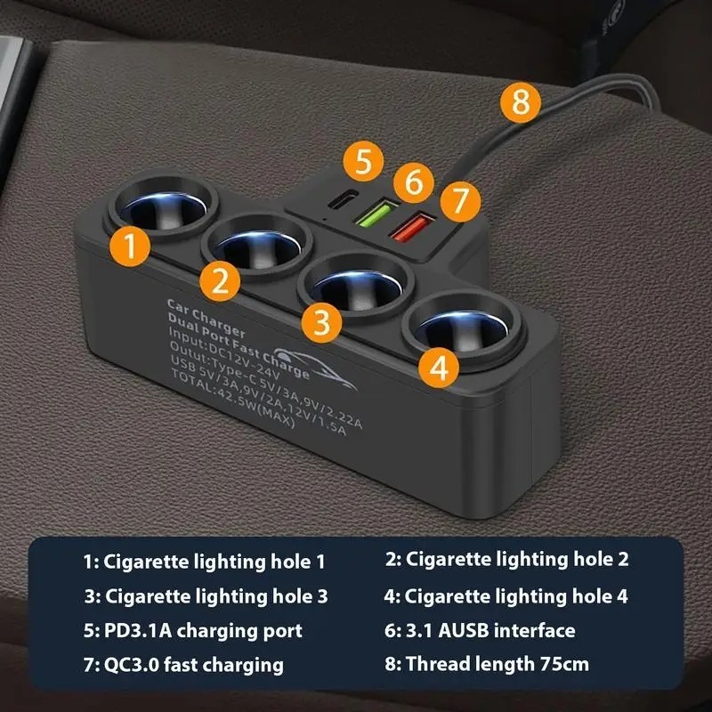 Socket Lighter Mobil Extension 120W 3 USB PD Fast Charger Splitter Cigarette