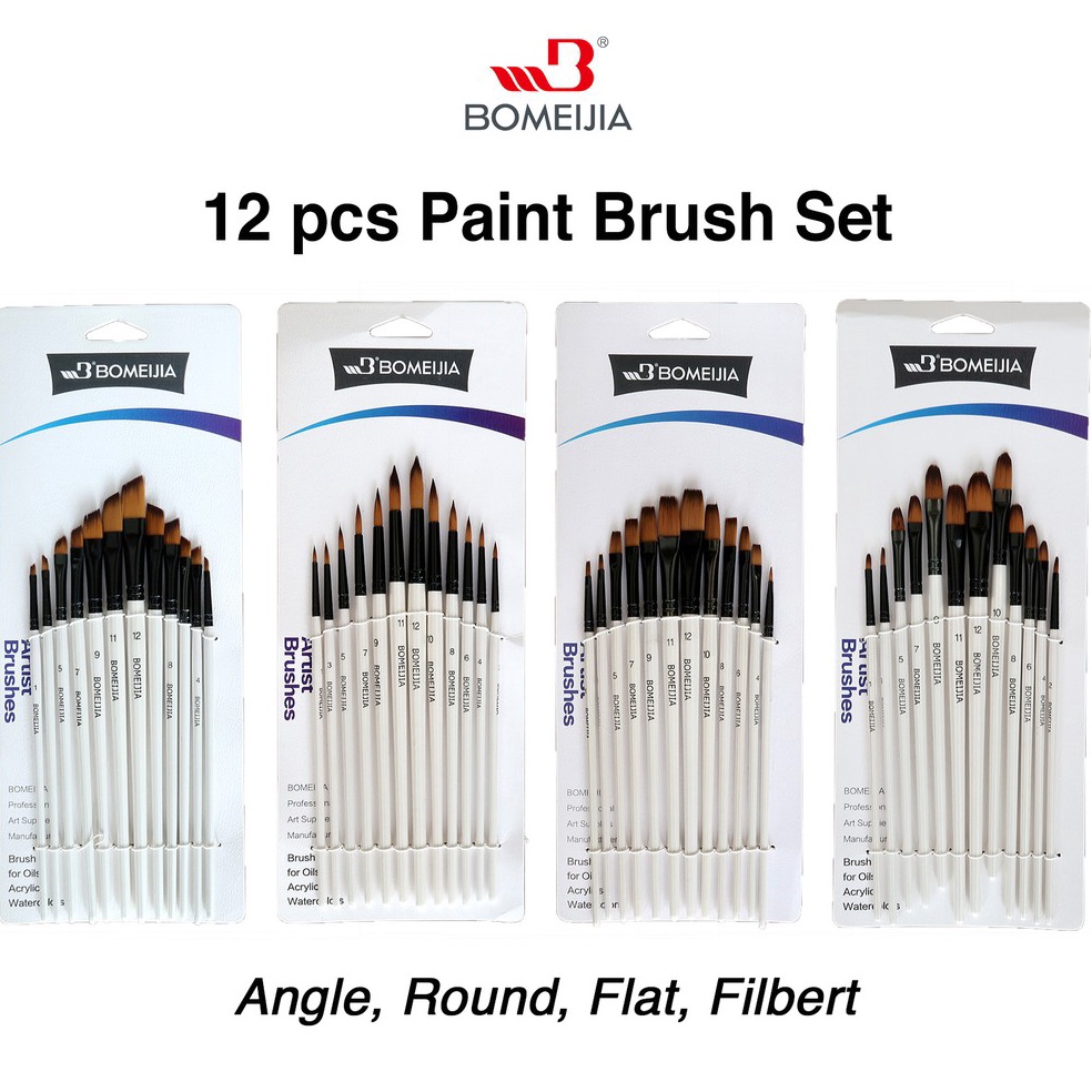 

KODE R78Q BOMEIJIA Artist Short Handle Brush Round Filbert Angle Flat 12pcs