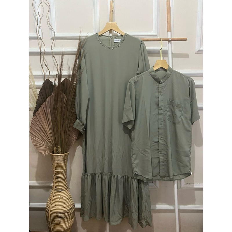 one set raya sage green / baju couple / couple dress / one set kondangan / baju kondangan / gamis hi