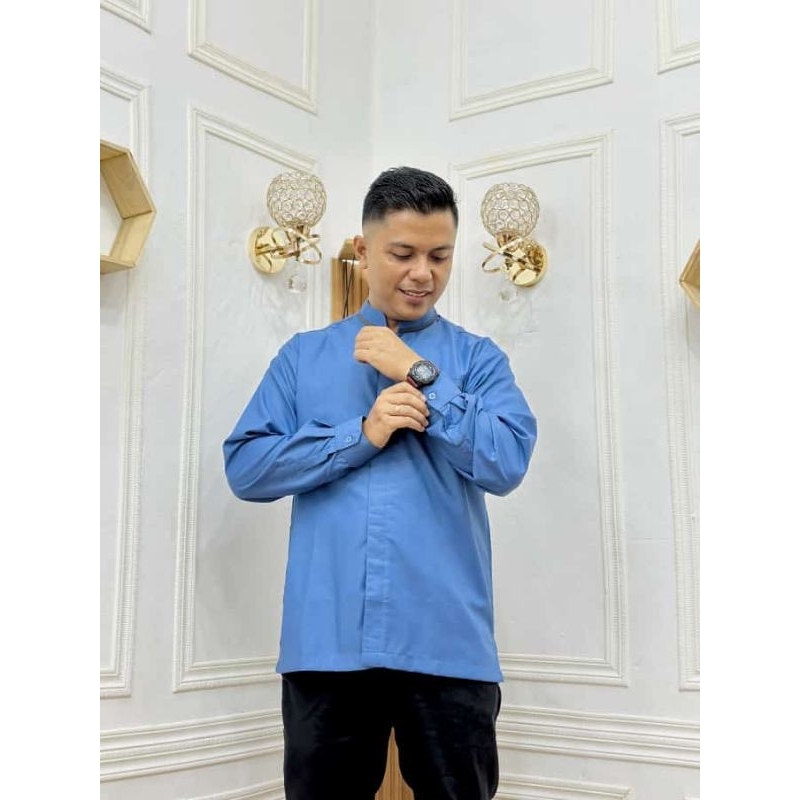 TERLARIS) Baju Muslim Koko Haibah Koko Habaib Polos Lengan Kemeja (Biru Denim)