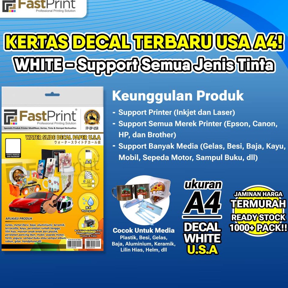 

Hadir Terheboh Fast Print Kertas Water Slide Decal White USA A4 17 Gram