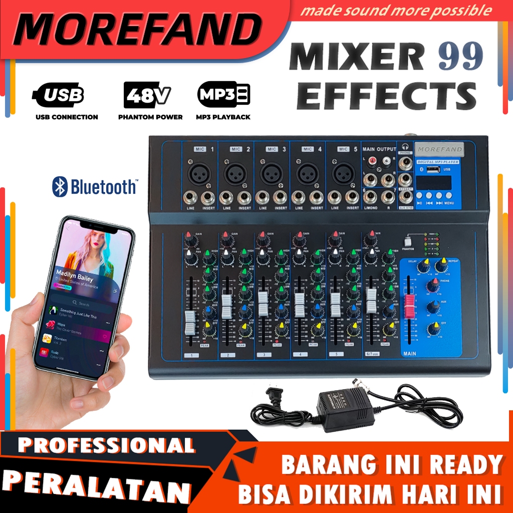 7/4 Channel Audio Mixer Sound Mixing with Bluetooth USB,PC Recording Input, XLR Mic Jack, 48V Power