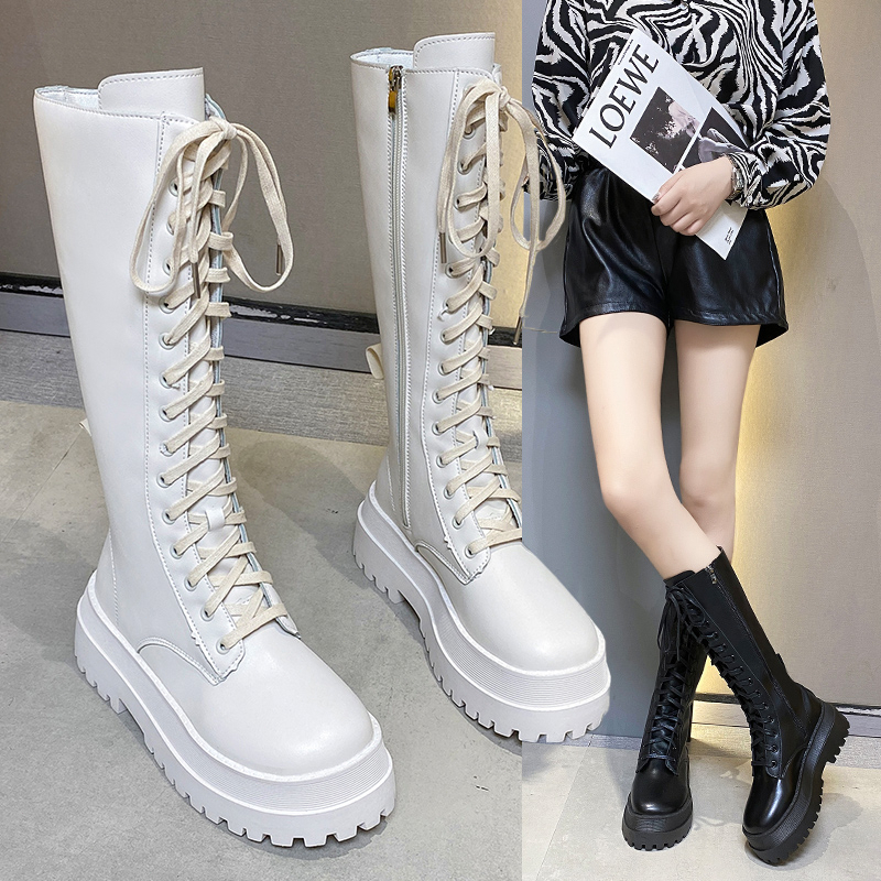 Sepatu High Heels Boots Panjang Tinggi Hitam Putih Bot Hak Platform Wanita Korea Casual Korean Style