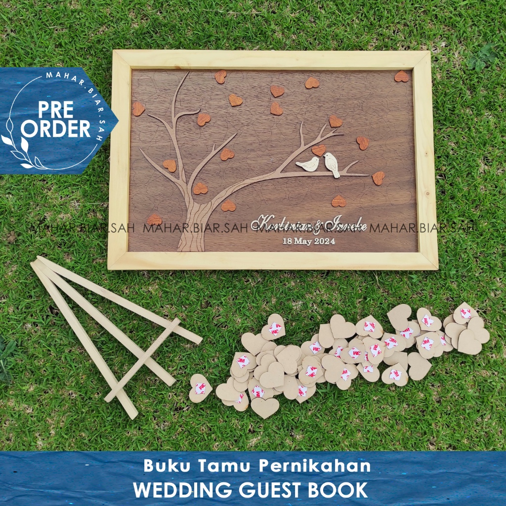 PO Wedding Guest Book 66 x 46 cm / Buku Tamu Pernikahan / Frame Pohon Hati / Wooden Tree Love Heart 