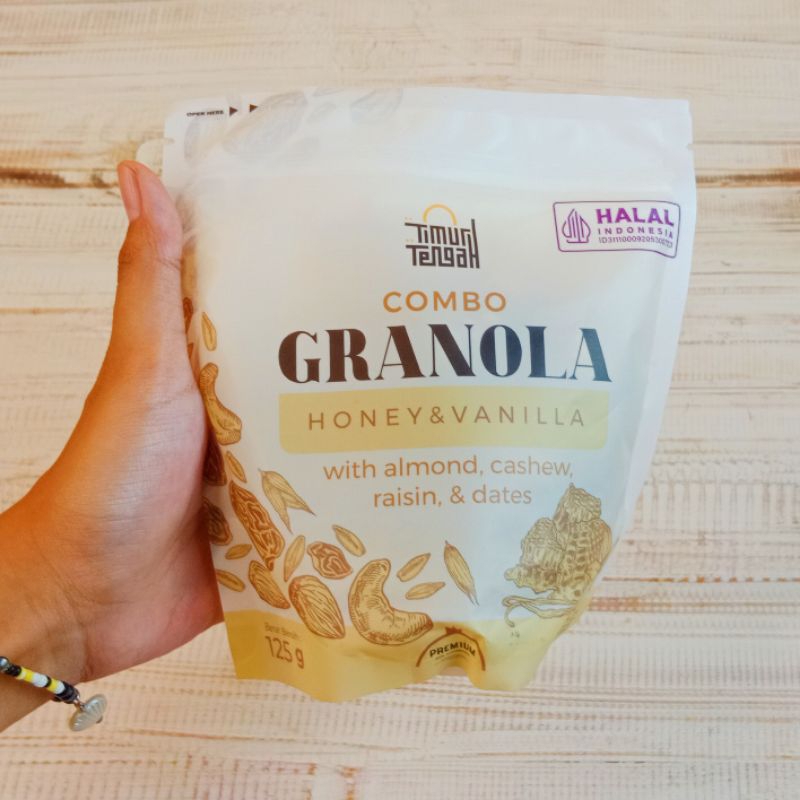 

Granola Timur Tengah Honey & Vanilla 125 Gram Sereal Makanan Sehat High Quality Isi Almond Mede Kismis