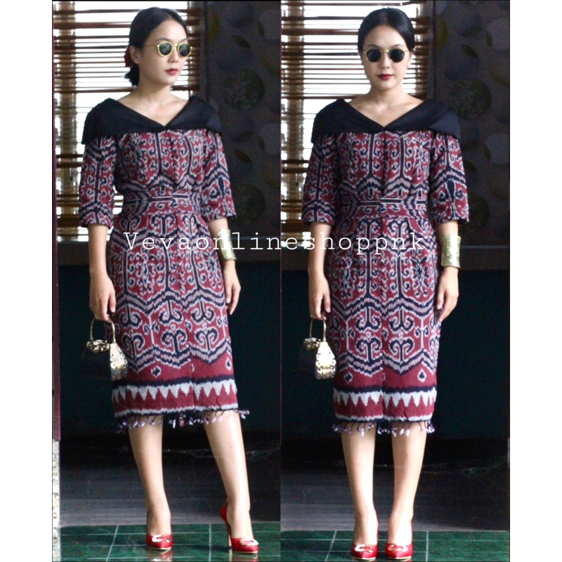 DRESS ETNIK TENUN MODEL V NECK MOTIF KHAS DAYAK KALIMANTAN