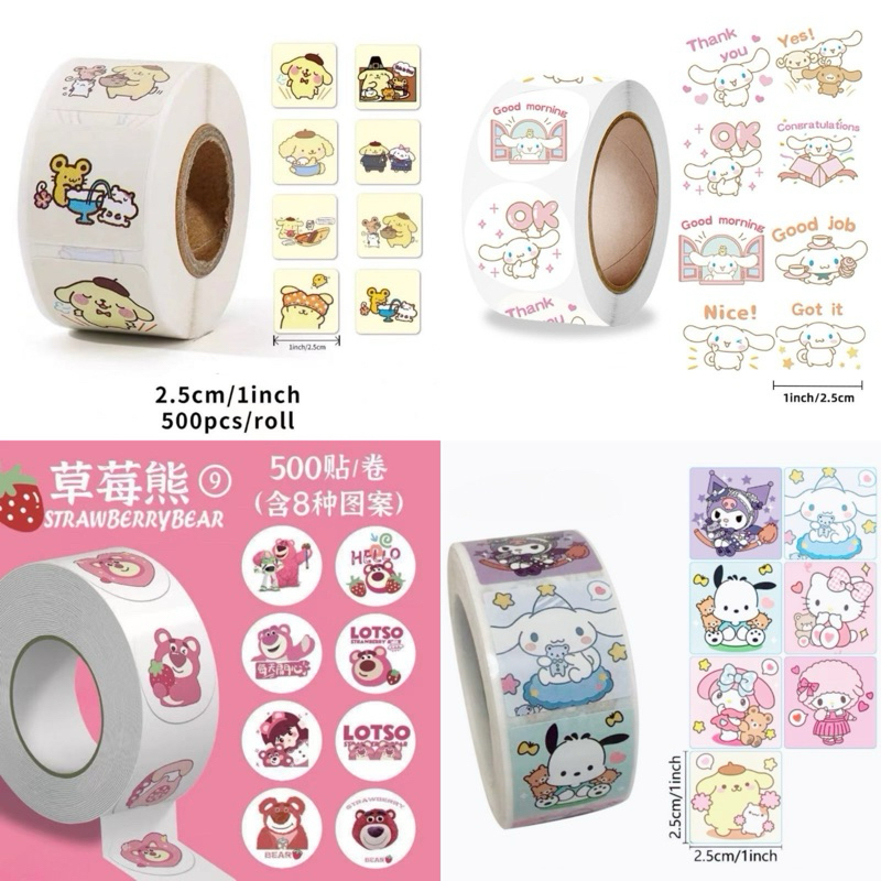 

500 Pcs / Roll Stiker Bulat Sticker Sanrio and Friends dan Dino