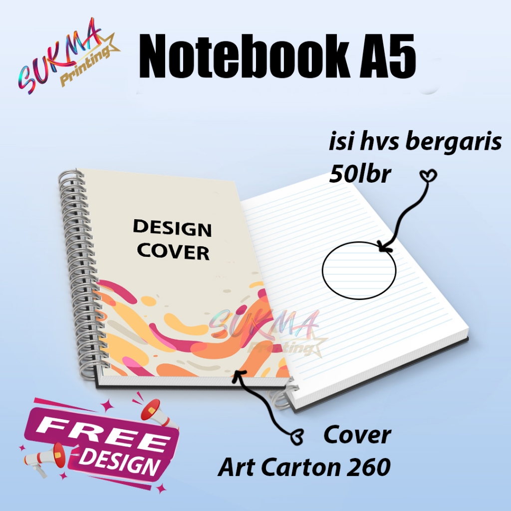 

[ isi 50 lembar ] Notesbook / Notebook Custome A5 / Notebook Spiral - Cover Depan saja - isi Bergaris
