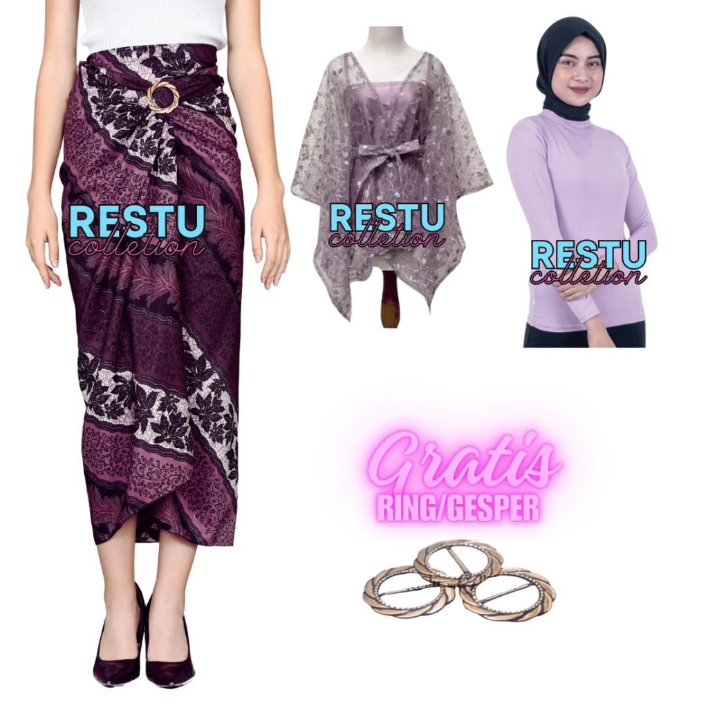 Oneset Rok Lilit Batik Motif CM LILAC/Outer Pita dan Manset Wanita Kekinian Baju Kebaya Nyaman Canti