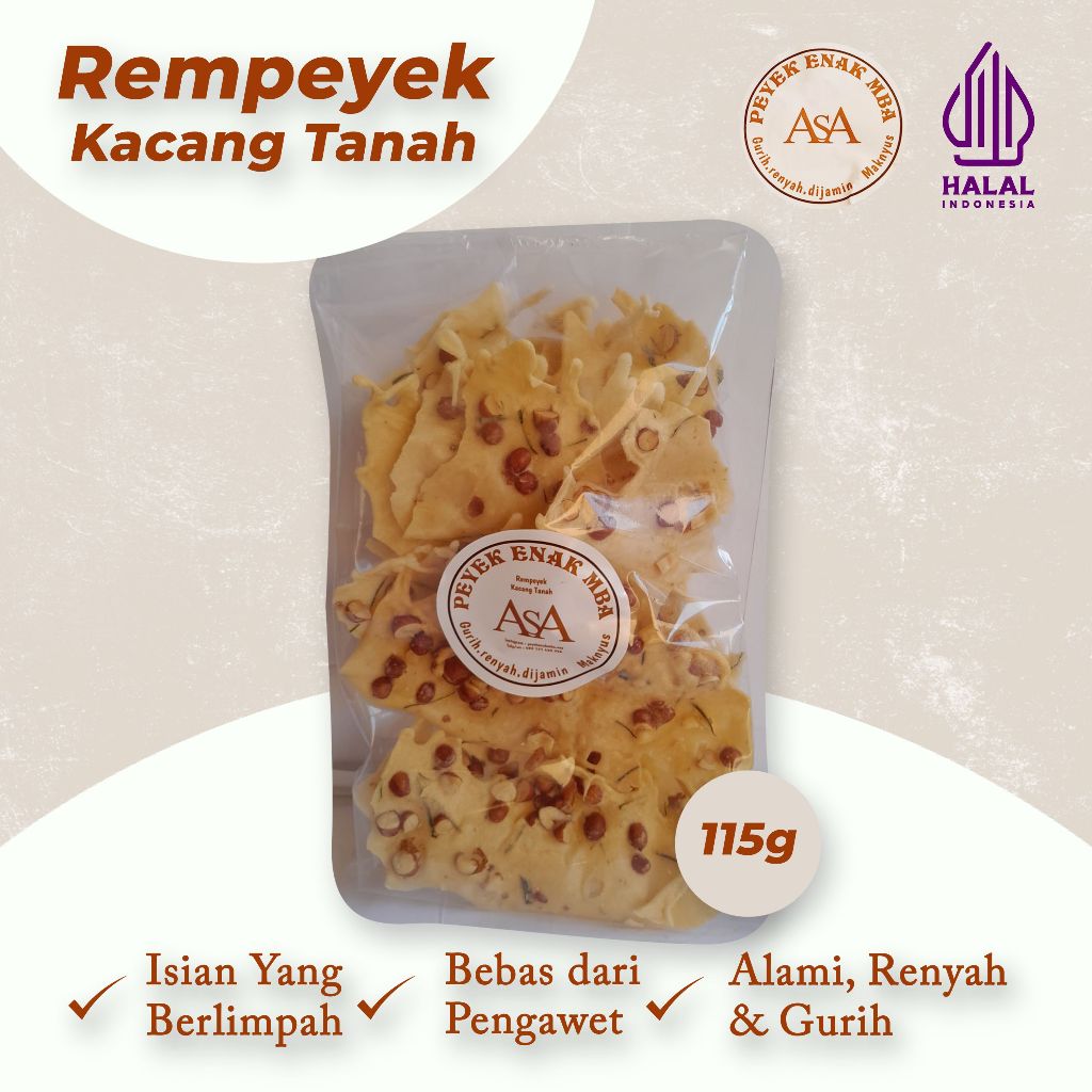 

Peyek Mbak Asa | Rempeyek Kacang Tanah Premium Gurih , Renyah kemasan ( 115 gram )