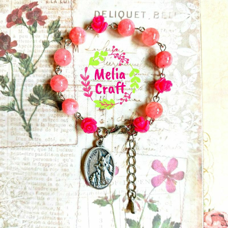 Gelang Rosario St Michael Pink Stone Rose - Medali Made in Italy - Include Kartu Doa