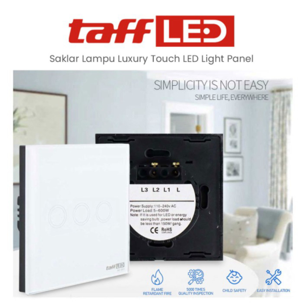 Promo TaffLED Saklar Tombol Lampu Rumah Touch Sentuh Desain Mewah Elegan - 3 Tombol Murah