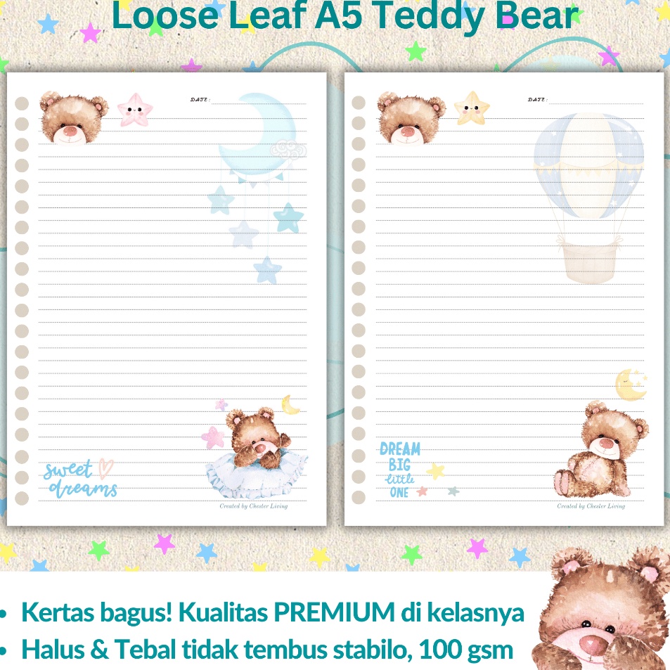 

Best Rating TEDDY BEAR Boneka Beruang Loose leaf Isi Kertas File binder A5B5 Tebal Refill Map Binder Line Grid Dotted Blank Garis Kotak Titik Polos Color Warna Lucu CHESTER LIVING
