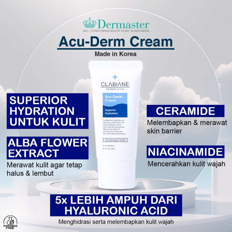 TERMURAH Dermaster Moisturizer Acnu-derm cream clabiane acu derm dry skin krim skincare original whi